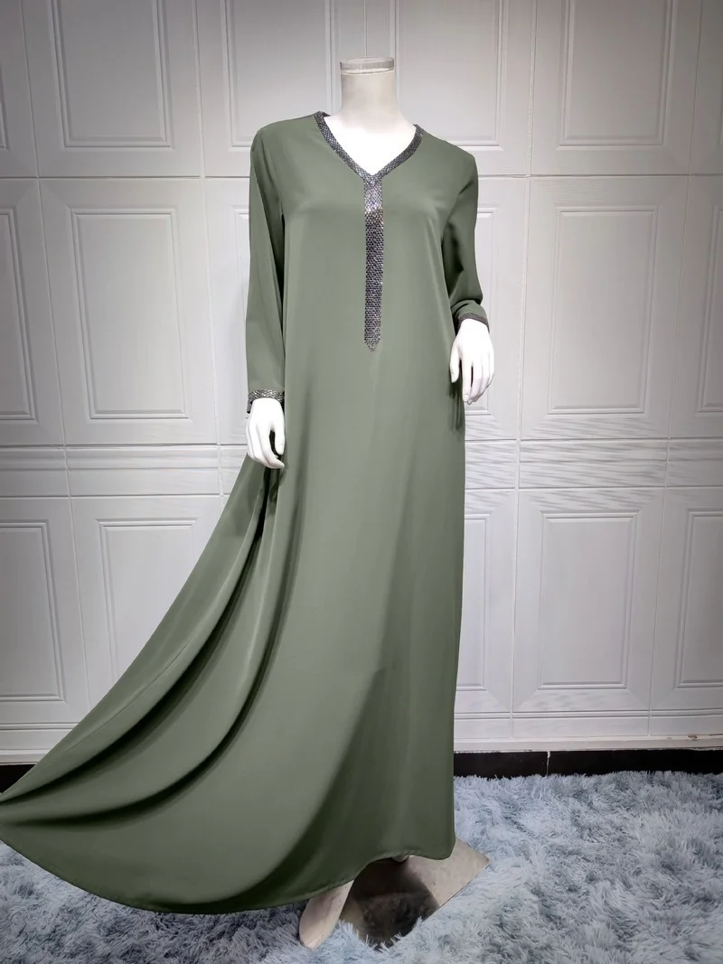 Arabic Long Dress Jalabiya Women Rhinestones Gandoura Muslim Ramadan Loose Casual Abaya Moroccan Caftan Dubai Islam Saudi Kaftan