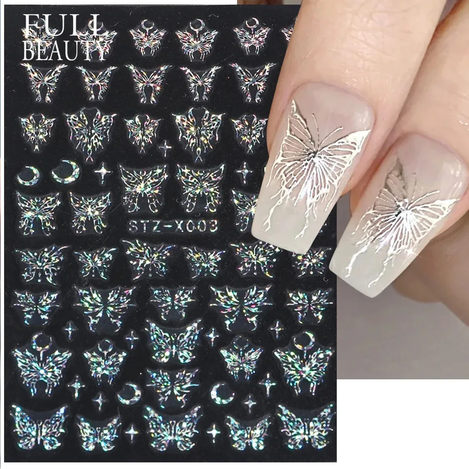 

1PCS Sliver Butterfly Nails Art Stickers Hollow Fuidity Fairy Butterfies Stars 3D Decal Manicure Holographic Bronzing Slider
