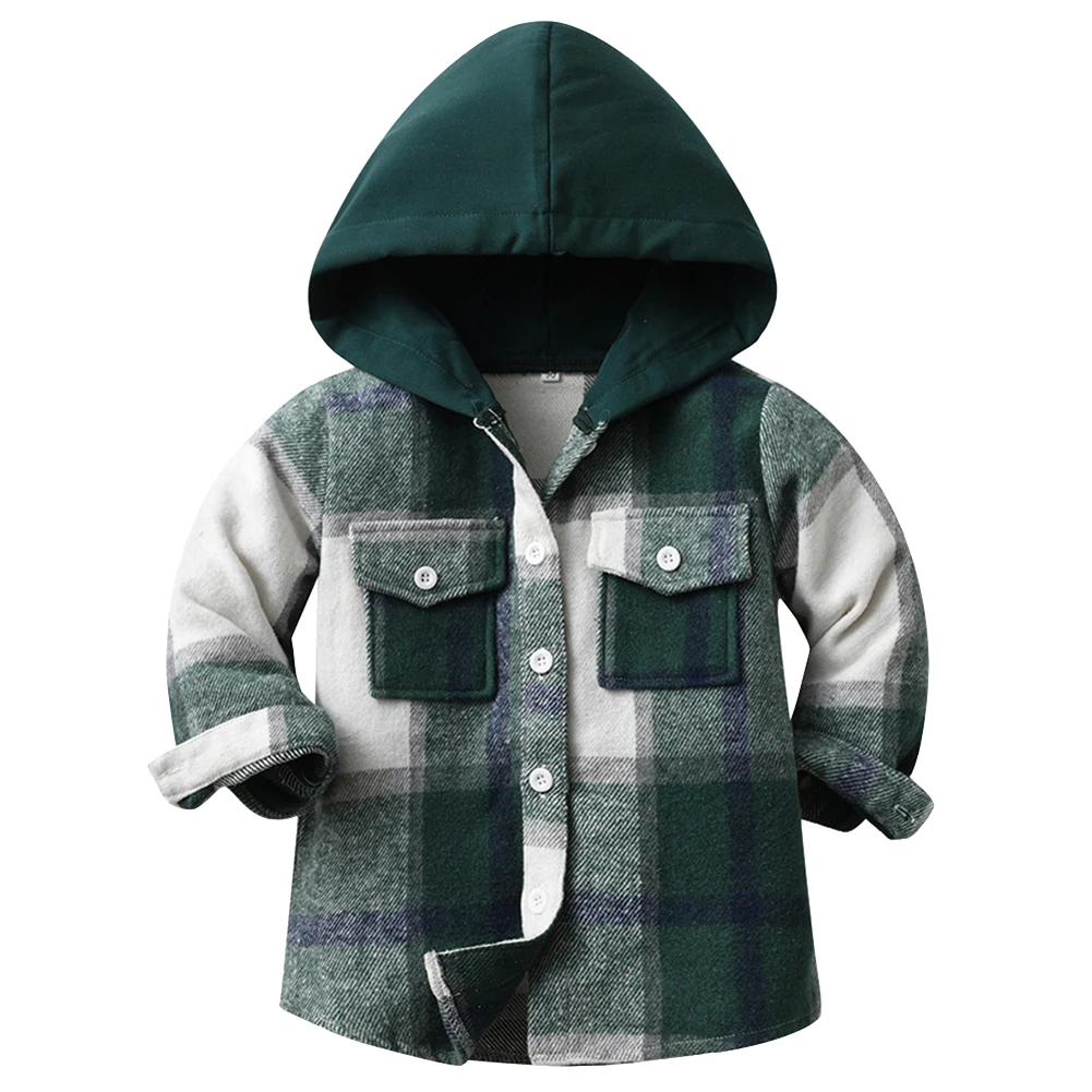 

Boys Checked Shirt with Hood Children's Transition Jacket Long Sleeve Girls Lattice Tops Single Breasted Spring Autumn Outerwear