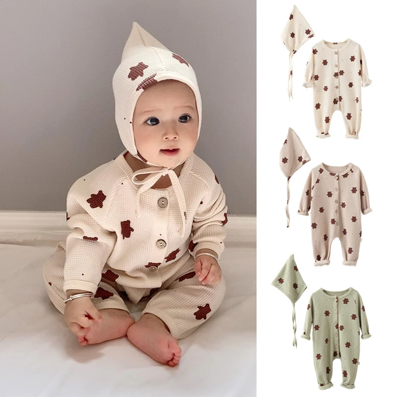 

Newborn Cute Bear Printed Romper Baby Cotton Waffle Cardigan Crawling Jumpsuit With Hat Boys Girls Long Sleeve Pajama Onesies