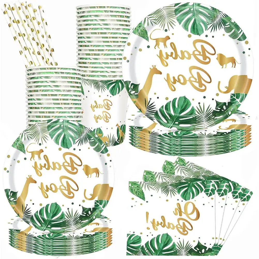 

120pcs Dinnerware Set Jungle Animals Print Tableware Set Includes Plates Napkins Cups Jungle Theme Party Supplies for 24 Guests