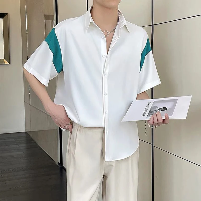 

Hit Color Patchwork Thin Japanese Harajuku Korean Short Sleeve Shirt Men Oversized Blouses Summer Cardigan 2023 Fashion New Top