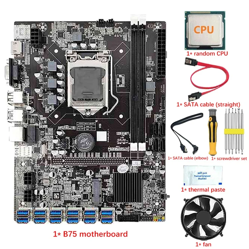 

AU42 -12 USB3.0 B75 BTC Mining Motherboard With Random CPU+Fan+Thermal Paste+Screwdriver+2 SATA Cable LGA1155 DDR3 RAM SATA3.0