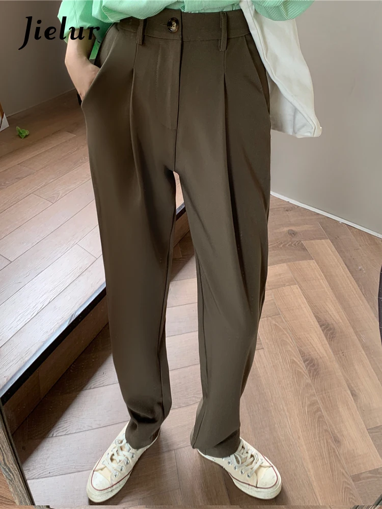 

Jielur Брюки женские прямые однотонные элегантные формальные шаровары с завышенной талией Модные свободные Костюмные штаны весна