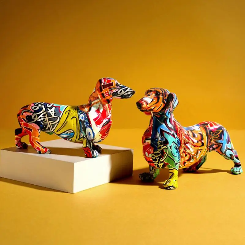 

Graffiti Dog Statue Stand Artwork Dachshund Sculptures Unique Street Art Finish Collectable Animal Ornament For Dog Lovers And