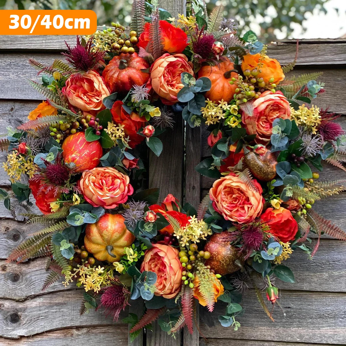 

40/50CM Fall Peony Pumpkin Wreath Artificial Autumn Harvest Wreath for Front Door Farmhouse Decor Festival Celebration Decor