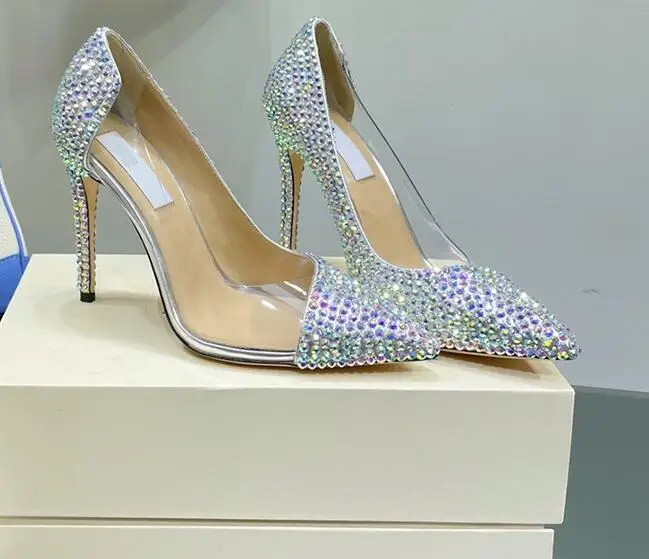 

Moraima Snc Bling Bling Crystal Embellished High Heel Shoes Pointed Toe PVC Patchwork Party Dress Heels Women Wedding Shoes