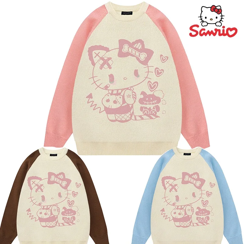 

Новинка, топ с принтом Hello Kitty, вязаный Свитшот Sanrios с аниме принтом для мужчин и женщин, Повседневная Уличная одежда свободного кроя, милая одежда Y2k на осень и зиму