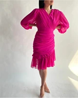 vintage fuchsia chiffon evening dresses with pleats knee length muslim long sleeve party prom gowns with ruffles for women