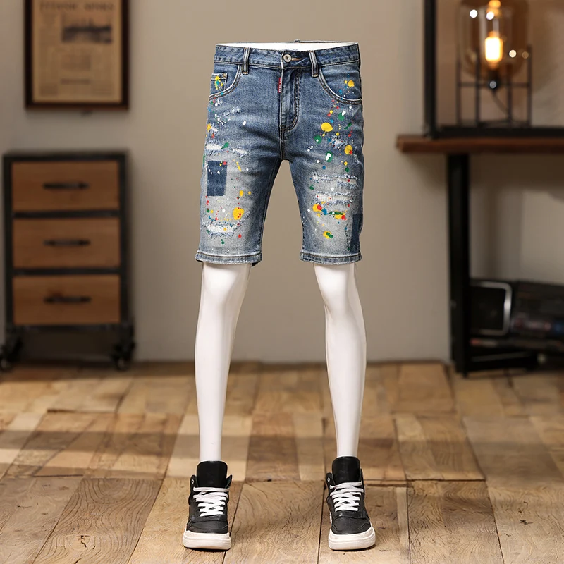Новинка весна-лето 2024 мужские джинсовые шорты поломанные прямые эластичные