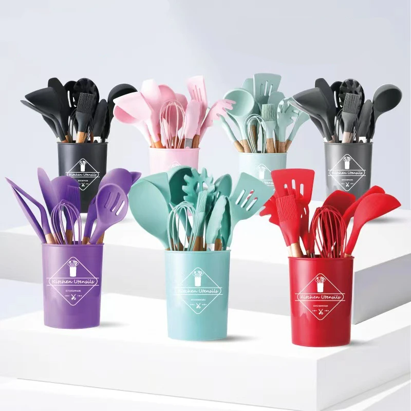 

Kitchen utensils silicone wooden handle silicone kitchen utensils 12-piece set 5-piece kitchen tool spatula set