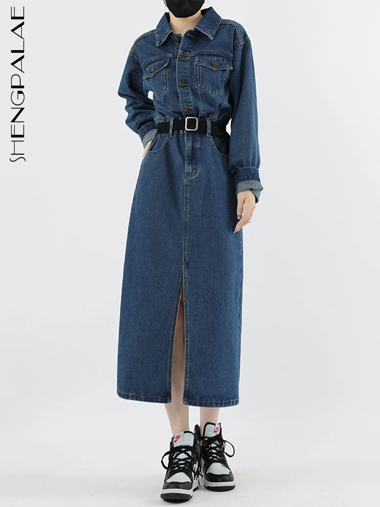 

SHENGPALAE Fashion Denim Shirt Dress For Women Lapel Full Sleeve Patchwork Belt A-line Slit Vestido Robe Autumn 2023 New 5R5298