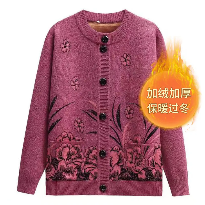 

Вязаный свитер, кардиган, куртка, женский свитер среднего и пожилого возраста, новинка, осенне-зимнее однобортное вязаное пальто, топы T34