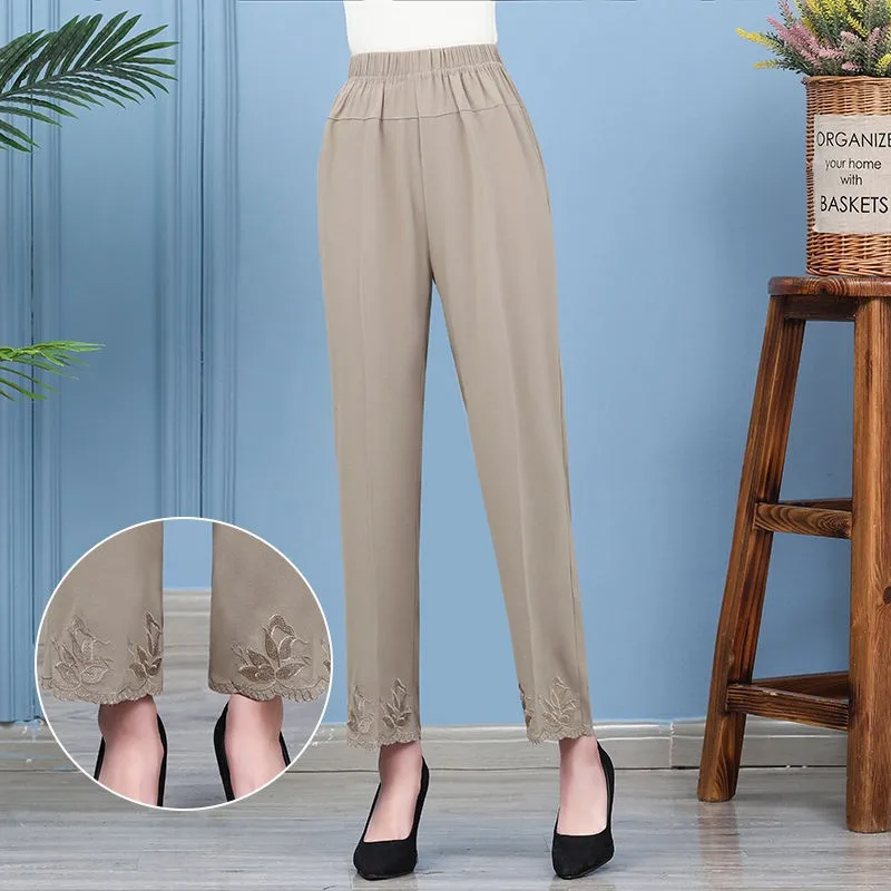 Middle Aged Elderly Women Trousers Spring Summer Embroidered Casual Pants Mother Elastic Waist Straight Pants Female