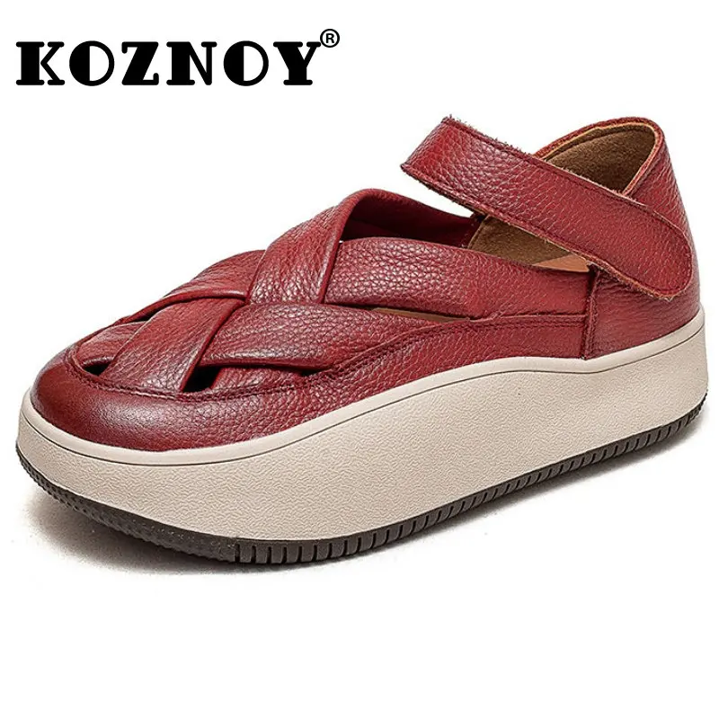 

Koznoy Women Sandals 5cm New Weave Genuine Leather Natural Platform Falts Chunky Sneakers Female Hollow Moccasins Fashion Shoes