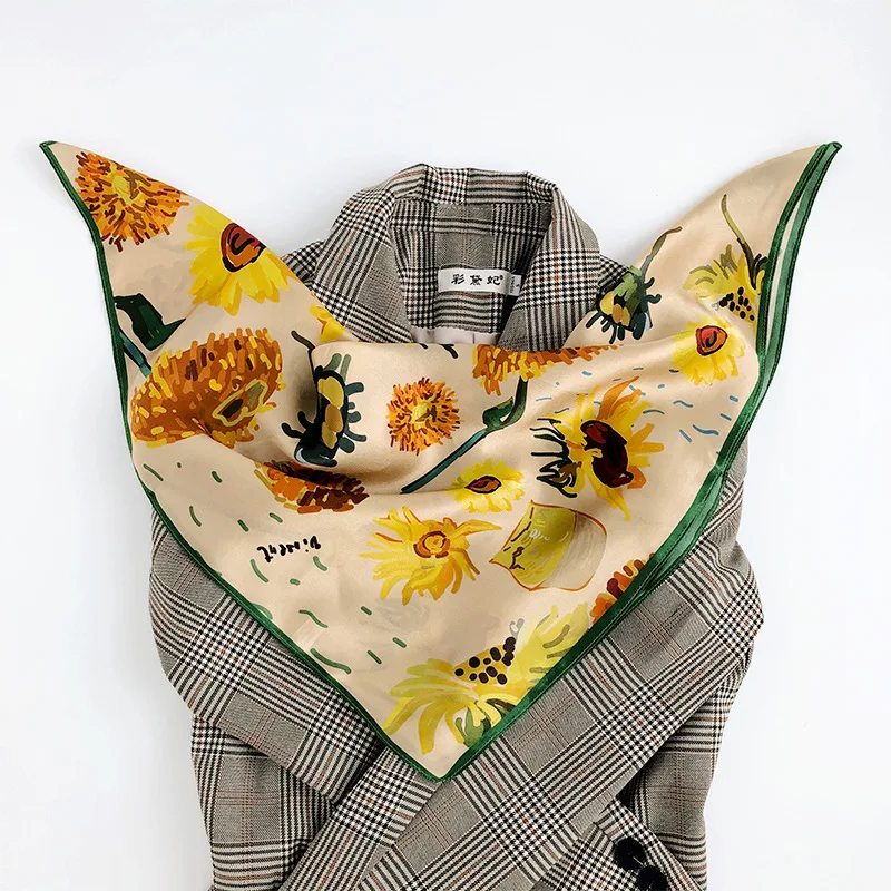 

2022 Hot Sale Brand 100% Pure Silk Scarf Women Neck Hair Foulard Square Small Headband Hijab Print Poncho Scarves Bandana 53cm