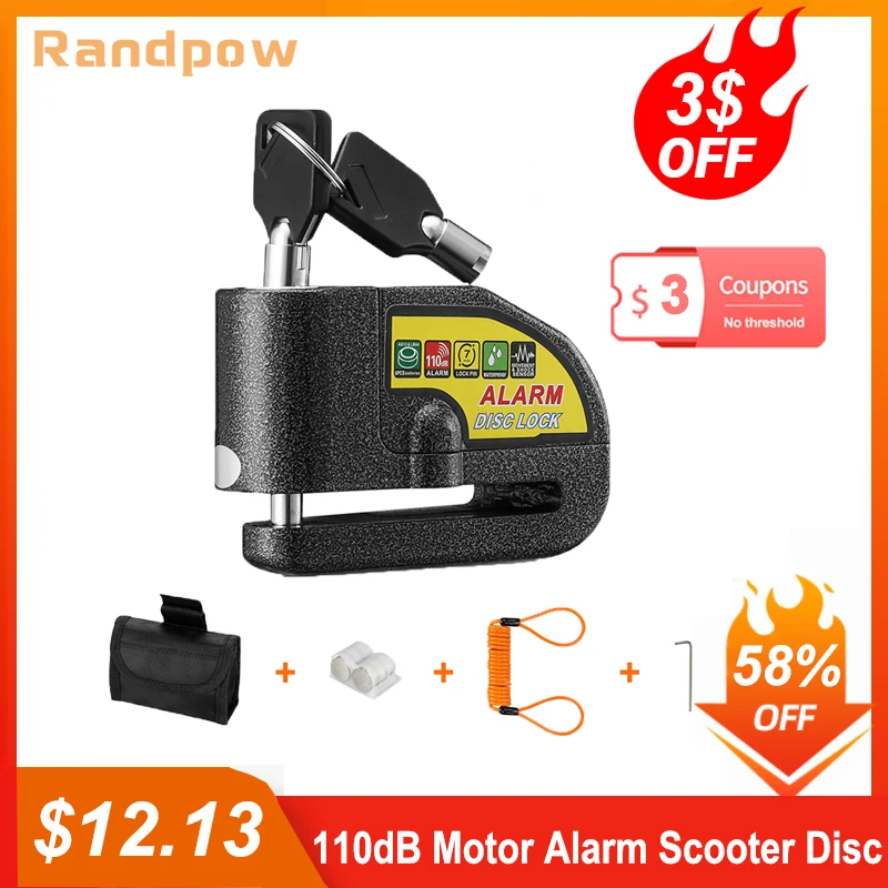 

Randpow Motorcycle Alarm Scooter Disc Brake Lock 110db Loud Waterproof Security With Bag Reminder Rope Anti-theft Bicycle Alarm