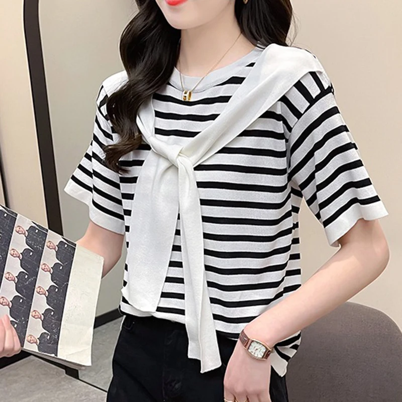 

Striped T Shirt Women 2023 Summer Casual Fake Two Pieces Knitted Tops Female Short Sleeve Tshirt Korean Fashion Womens Clothing