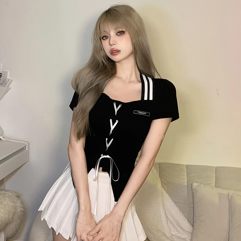 

#Sisjuly# retro British college style stripe lace up thin short sleeve T-shirt women's irregular casual top