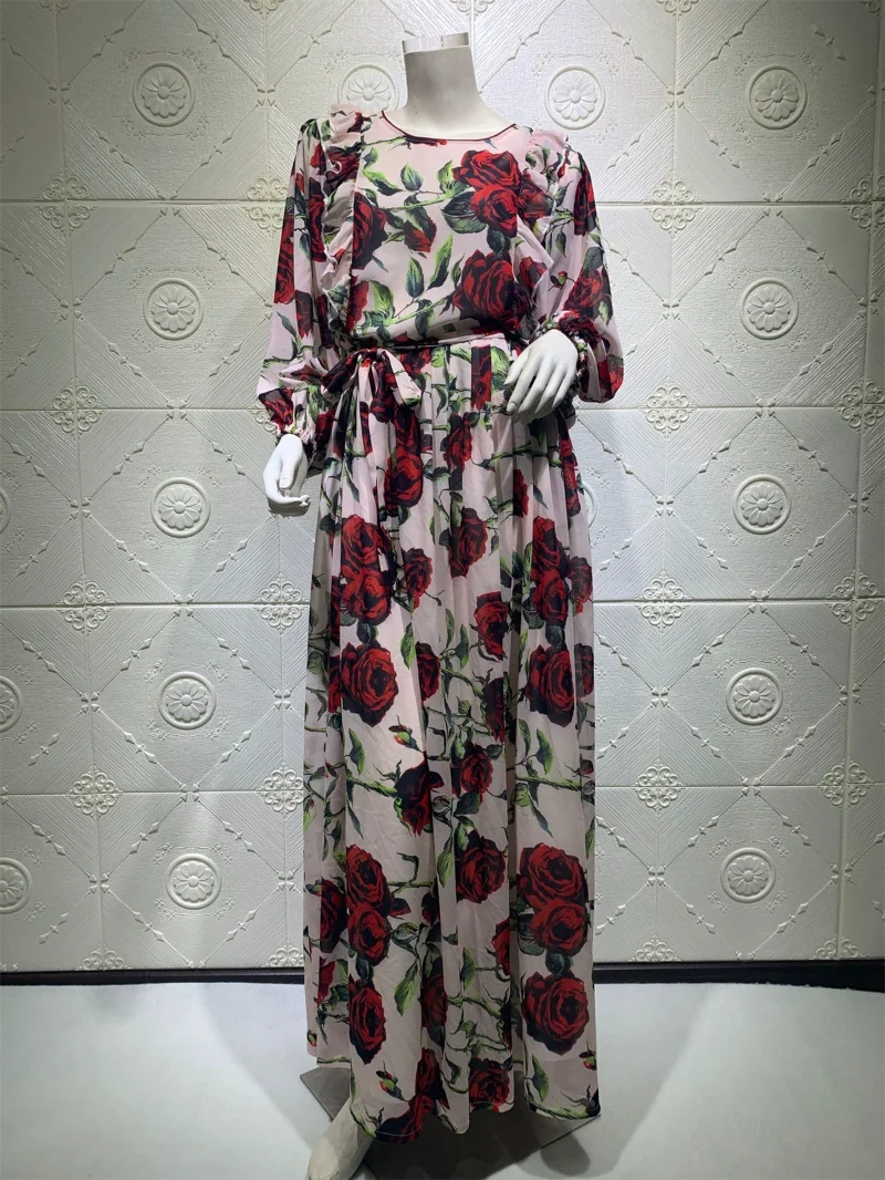 Muslim Dress Women Elegant Casual Rose Print Ruffle Trim O-Neck Lantern Sleeve Bohemia Party Long Dresses Ramadan Abaya New