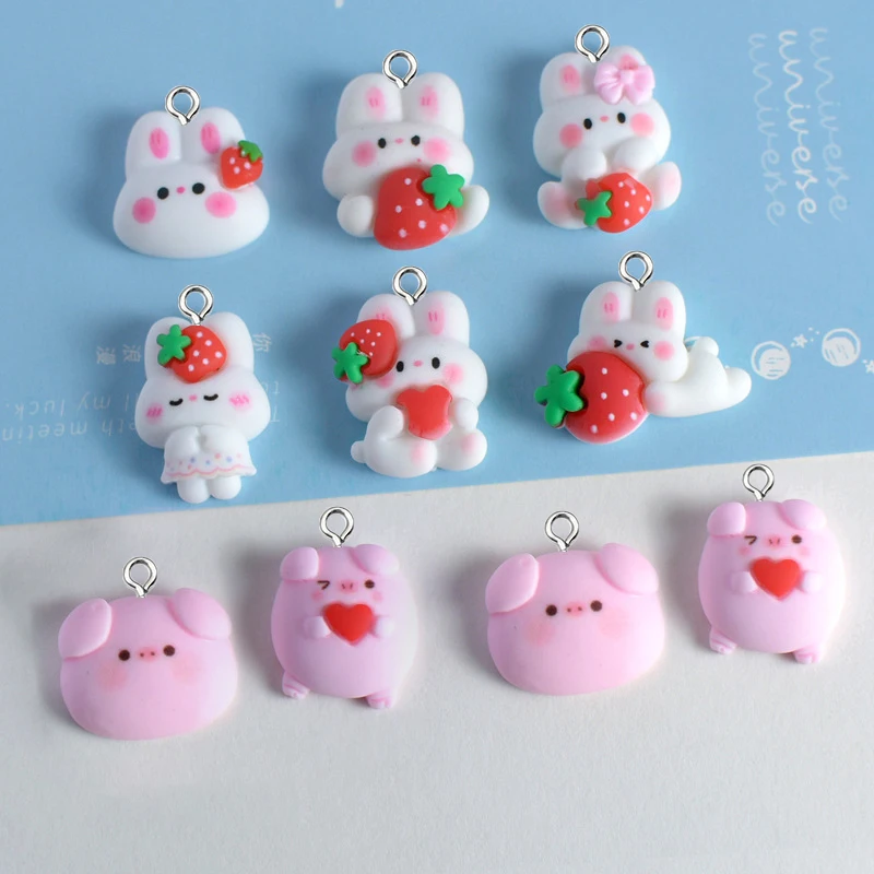 10pcs/lots Hug Heart Strawberry Rabbit Pig Resin Charms Cute Cartoon Animal Pendant For Earring Car Keychain Jewelry Charms