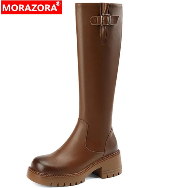 

MORAZORA 2022 New Arrive Genuine Leather Platform Knee High Boots Women Winter Fashion Shoes Round Toe Zipper Boots