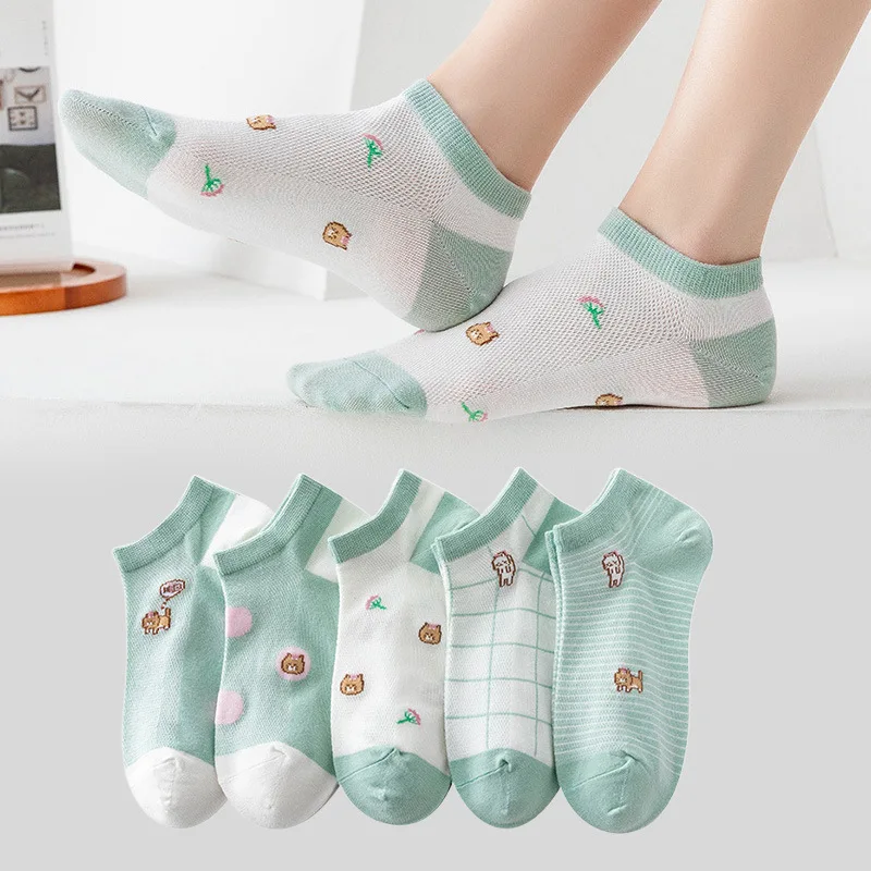 

5 парт/лот модные элегантные Забавные милые японские Дышащие Короткие женские белые носки до щиколотки с котом для девушек летние весенние ...