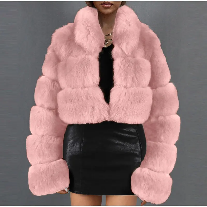 Winter Faux Fur Coat Women Fashion Plush Thermal Slim Fit Coat Women Casual Long Sleeve Turtleneck V-neck Stitching Korean Coat