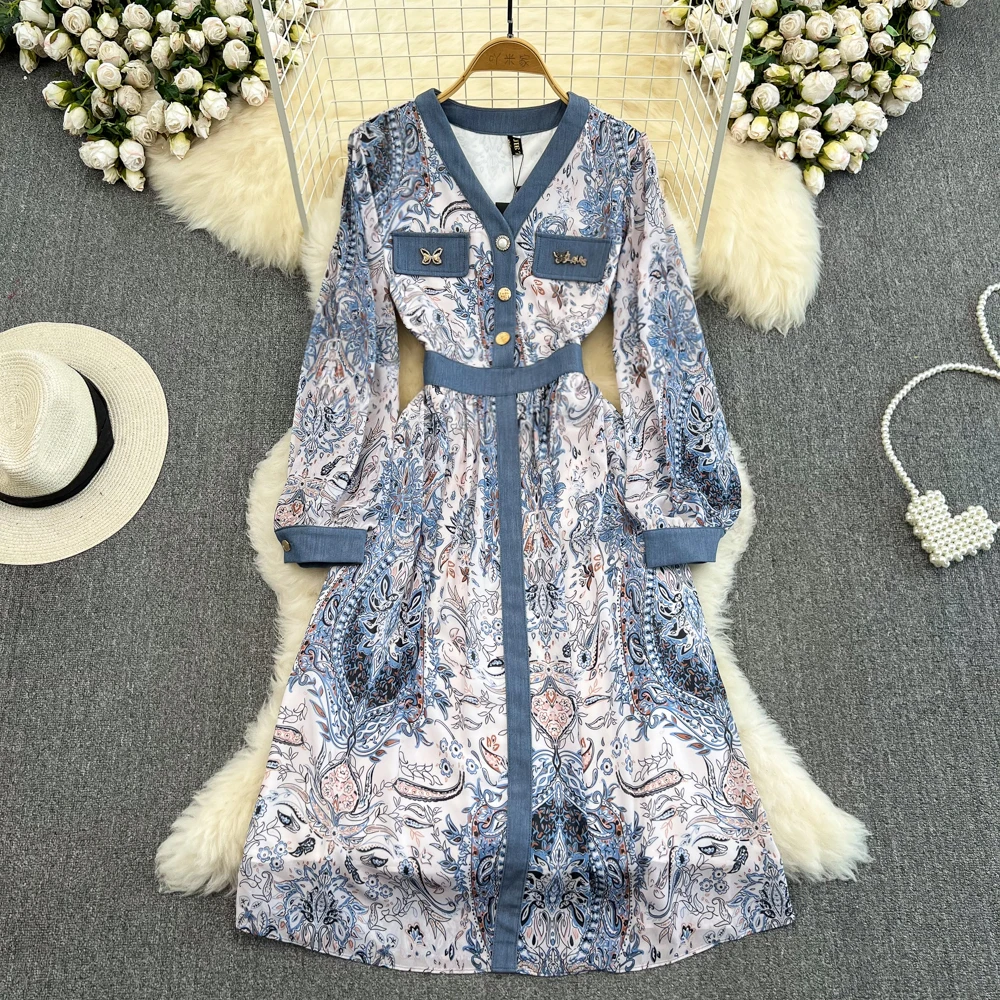 

Женское джинсовое платье в стиле ретро, Элегантное Длинное Платье с V-образным вырезом и тонкой юбкой с принтом, осень