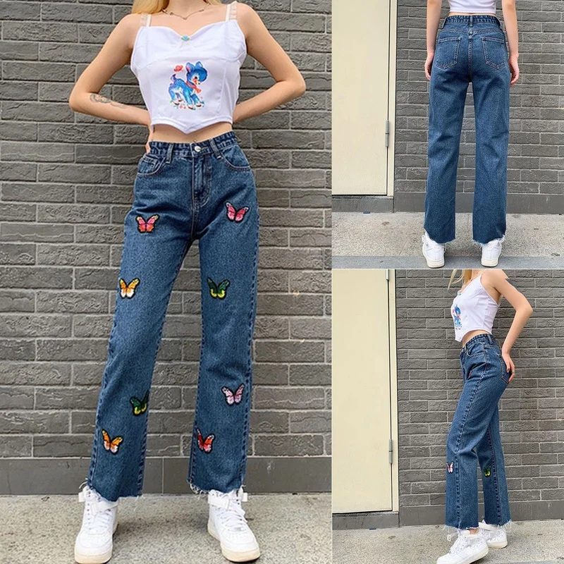 Women Spring Autumn Loose Comfortable Denim Pants 2021 High Waist Slim Butterfly Embroidered Straight Casual Classic Jeans Pop