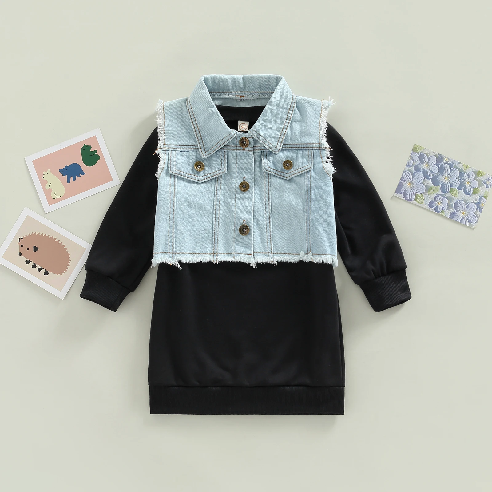 

TR New Autumn Kid Girl Dress+ Waistcoat Long Sleeve Solid Color Casual Party Dress+ Denim Buttons Tassels Vest