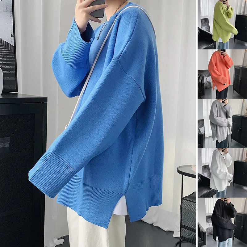 

Hybskr Solid Color Side Slit Men Women Casual Sweaters Autumn Winter New Korean Knitted Pullovers Harajuku Unisex Versatile Tops