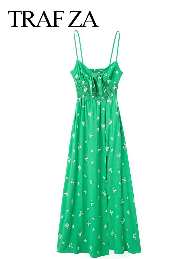

TRAF ZA Elegant Female Green Dress White Floral Sling Tube Top Bow Sleeveless Open Back Elastic Waist Slim Side Slit Sexy Dress