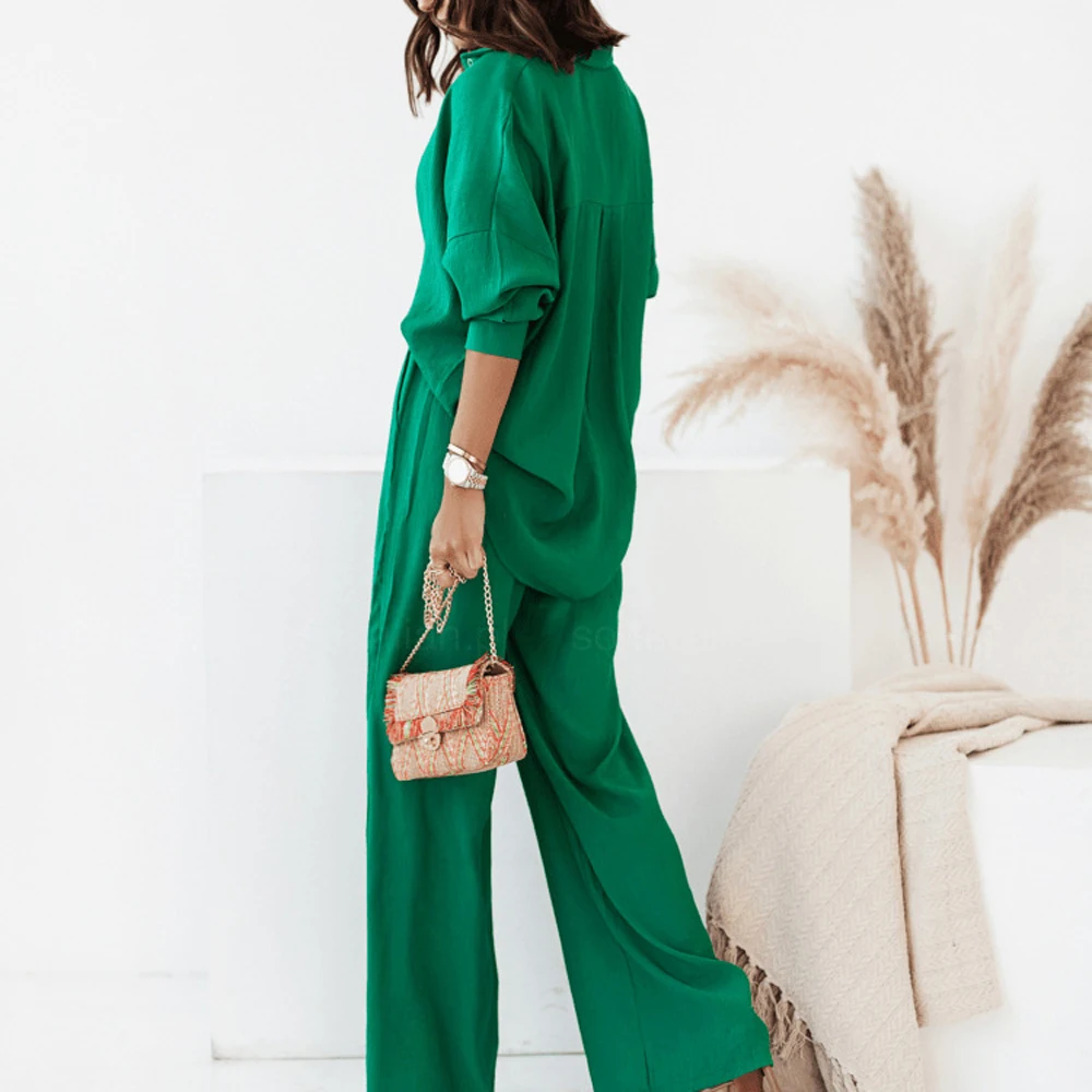 Causal Loose Women 2Piece Sets Home Wear Long Sleeve Shirt With High Wasit Trousers Sets Spring Female Elegant Office Outfits