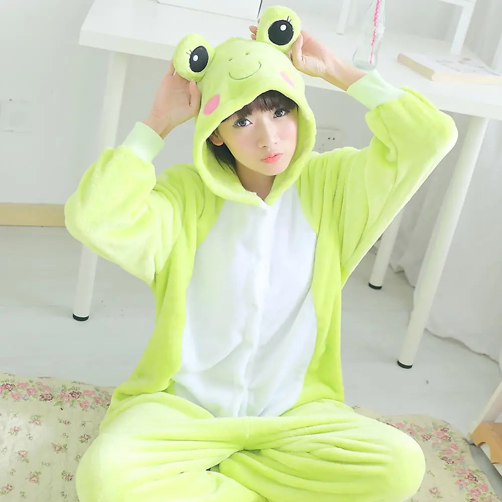 Animal Cosplay Costume Fluorescent Green Frog Adult Pajamas Winter Warm Sleepwear Halloween Cosplay Homewear Plush Anime Costume