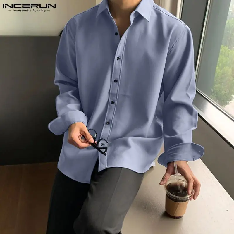 

INCERUN Tops 2023 Korean Style Handsome Mens Simple Loose All-match Blouse Casual Stylish Long Sleeved Lapel Button Shirts S-5XL