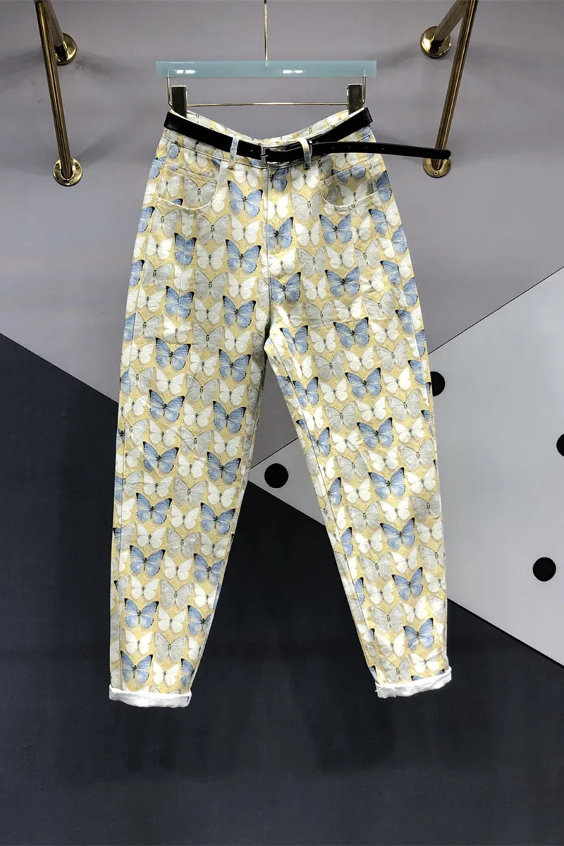 European Station 2023 Spring New Fashion Butterfly Print Pleated Jeans Fashion Women's Loose Slimming Ankle-Tied Harem Pants