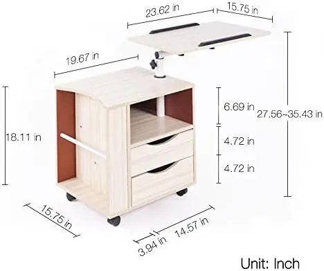

Multifunctional Height Adjustable Overbed End Table Wooden Nightstand with Swivel Top, Storage Drawers, Wheels and Open Shelf, 3