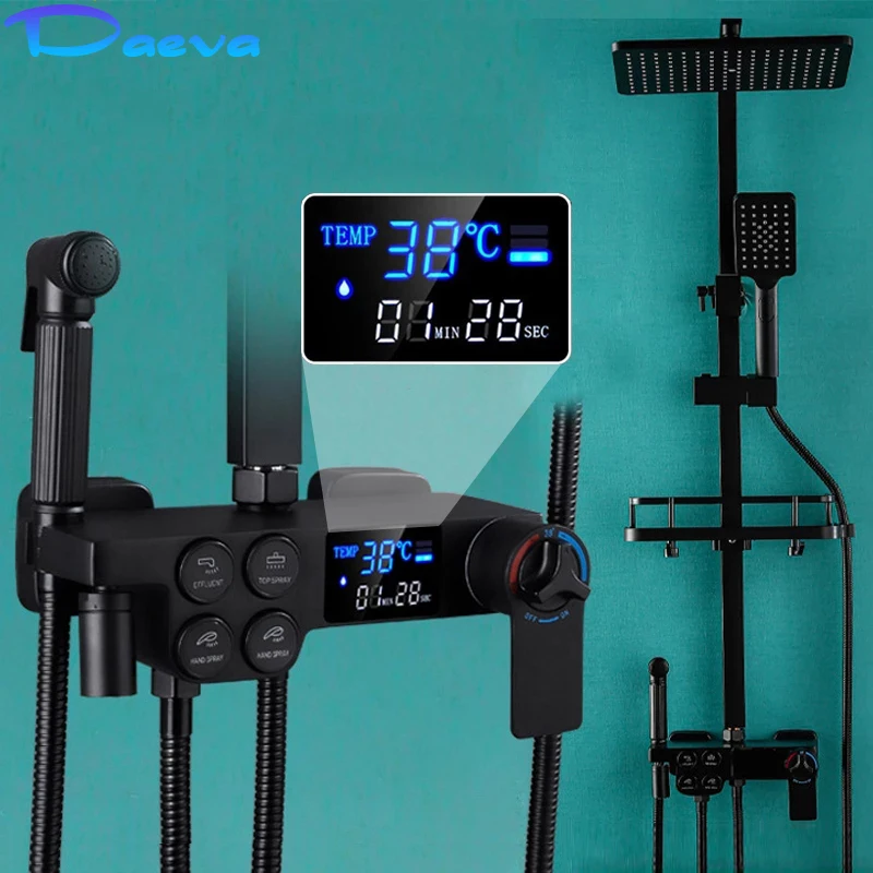 

Black Thermostatic Digital Display Shower Set Bathroom Smart Faucet System Hot and Cold Bath Mixer SPA Rainfall Tap Wall Mount