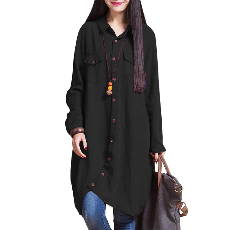 

Блузка женская оверсайз, Длинный топ с асимметричным подолом, на пуговицах, свободная повседневная винтажная туника, размеры 3XL/4XL/5XL