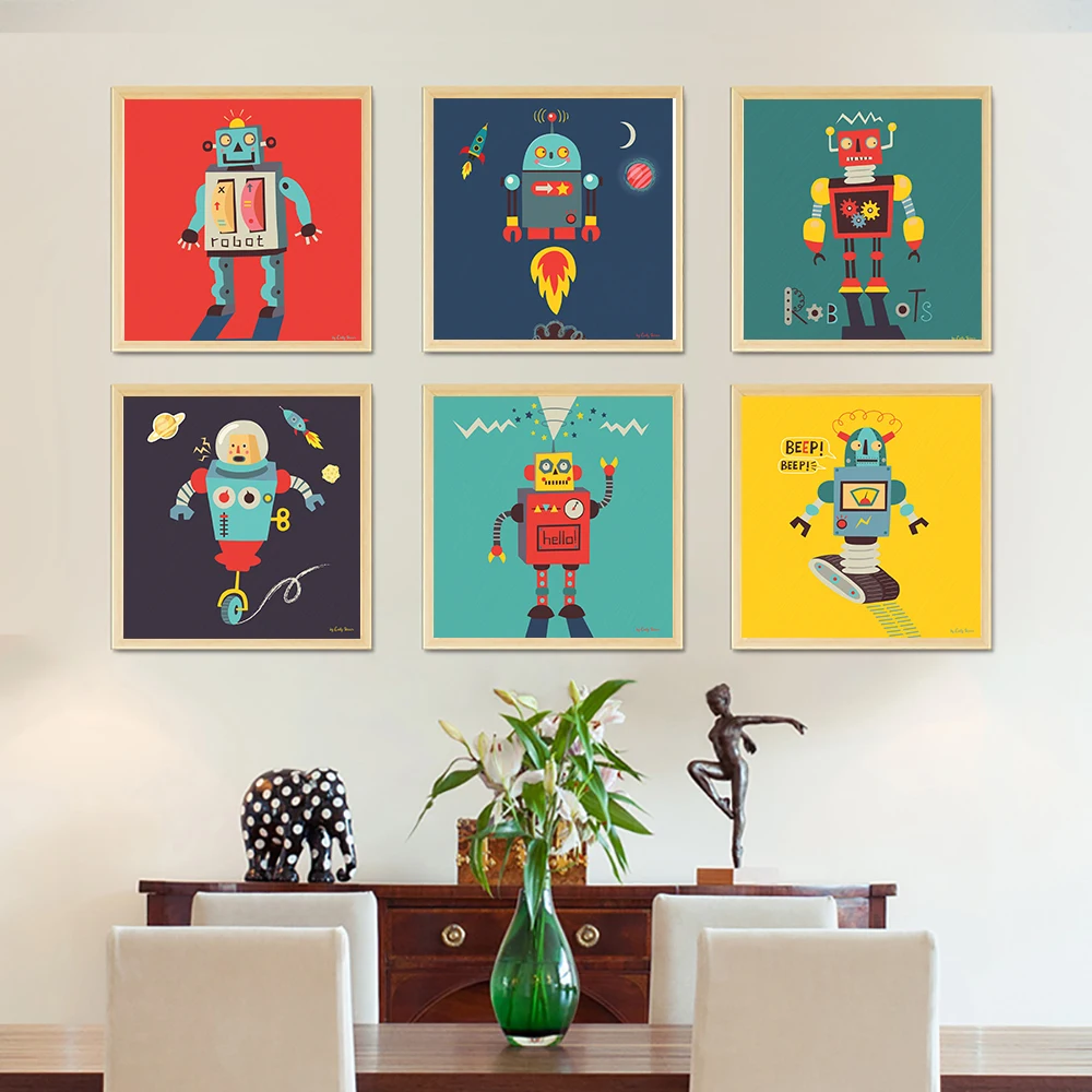 

Картина на холсте с различными транспортными средствами и цветными роботами, настенные плакаты и принты в скандинавском стиле, настенные к...
