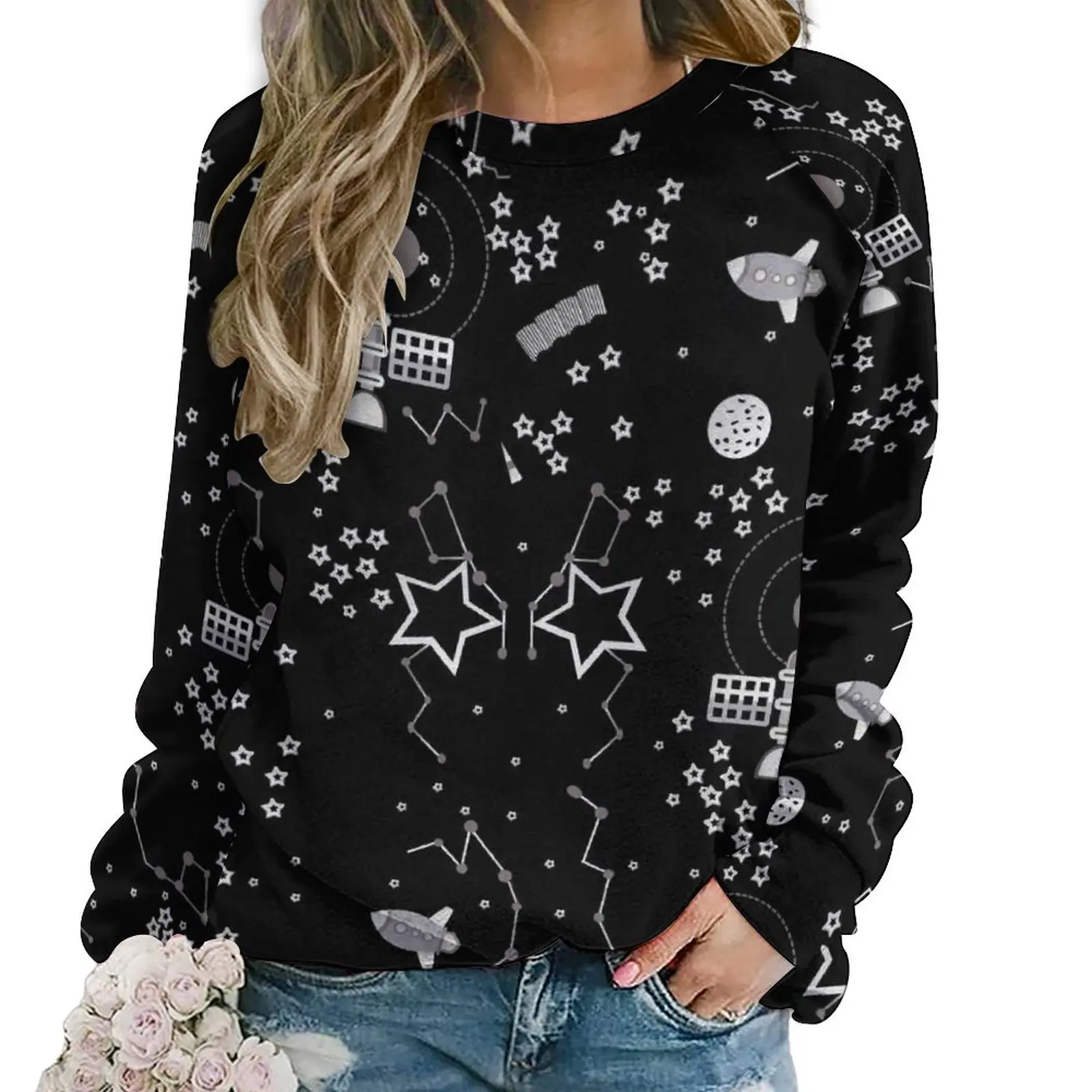 

Star Casual Hoodies Female Outer Space With Stars Spaceship Slanet Pretty Design Hoodie Spring Long Sleeve Oversize Sweatshirts