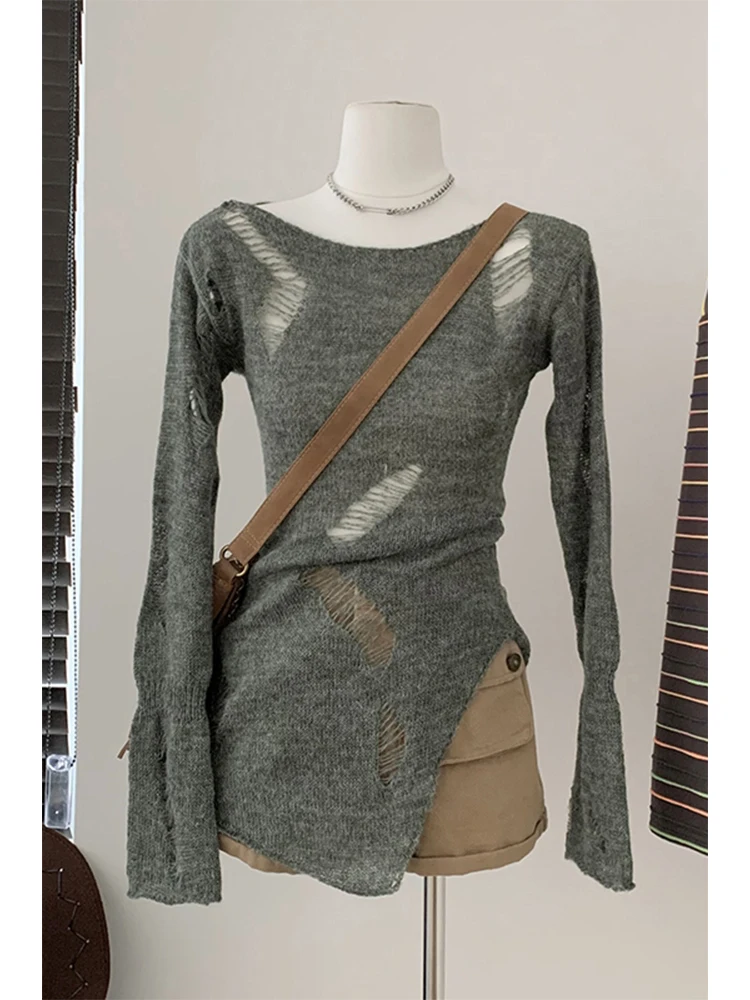 Женский серый пуловер с длинным рукавом вязаный свитер в стиле Харадзюку