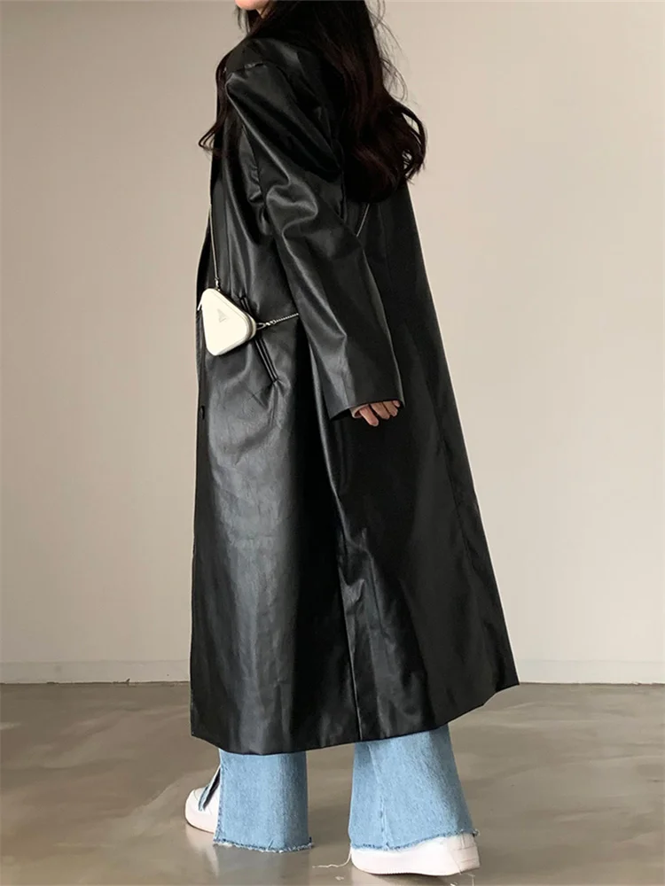 Женская модная шикарная черная длинная куртка из искусственной кожи женские