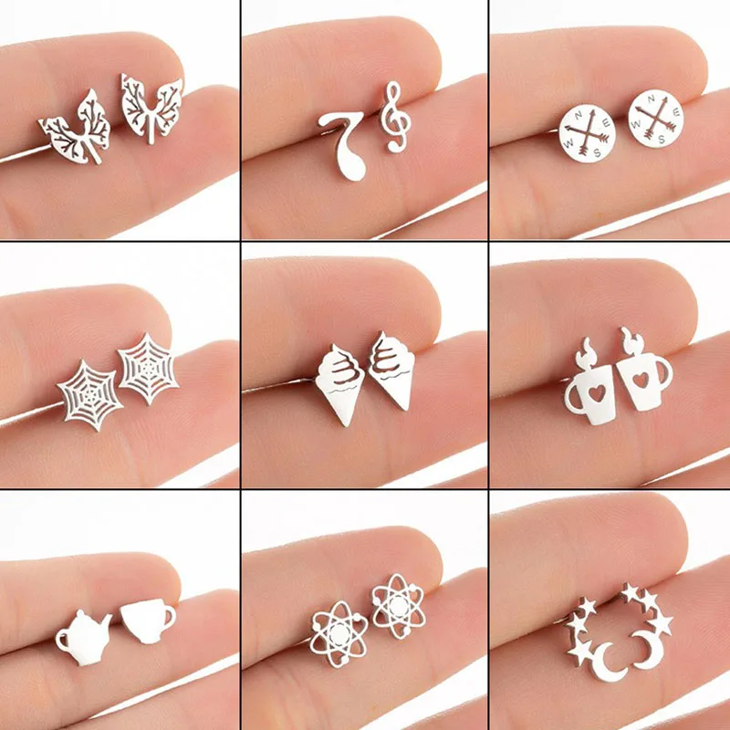 

Statement Pierced Stud Earrings Women Stainless Steel Compass Cobweb Note Earrings Cute Jewelry Gift Wholesale Dropshipping