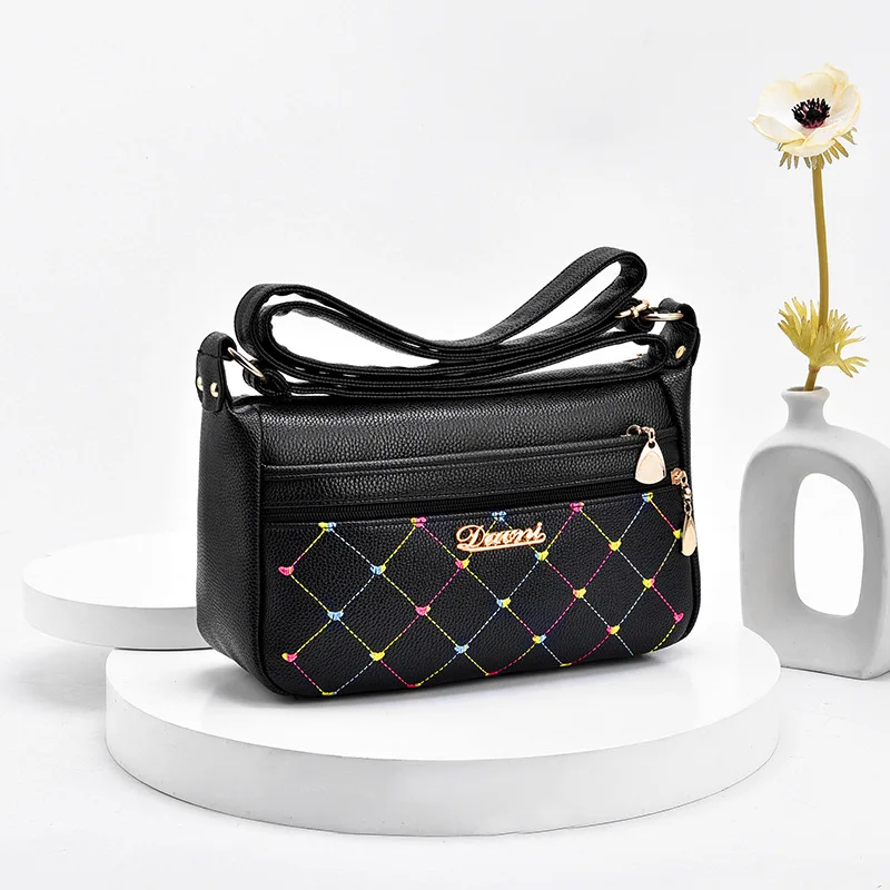 

Прямая поставка, модная сумка-мессенджер через плечо с вышивкой из ниток, вместительные Многослойные сумки через плечо из мягкой кожи для ж...