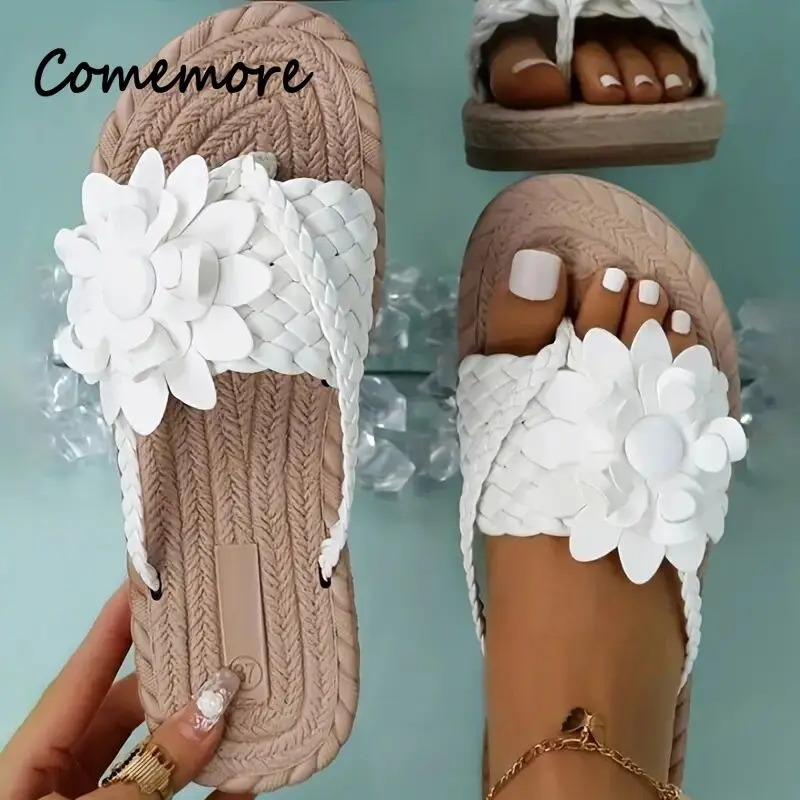 

Comemore Woman Sandals Ladies Slippers Braided Band Open Toe Shoes Casual Non Slip Slides Summer Women's Flower Flat Flip Flops