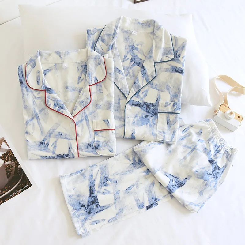 

Couples Cotton Knit Pajamas Long-sleeved Trousers Two-piece Tie-dye Men and Women Home Service Suits Pyjamas Women