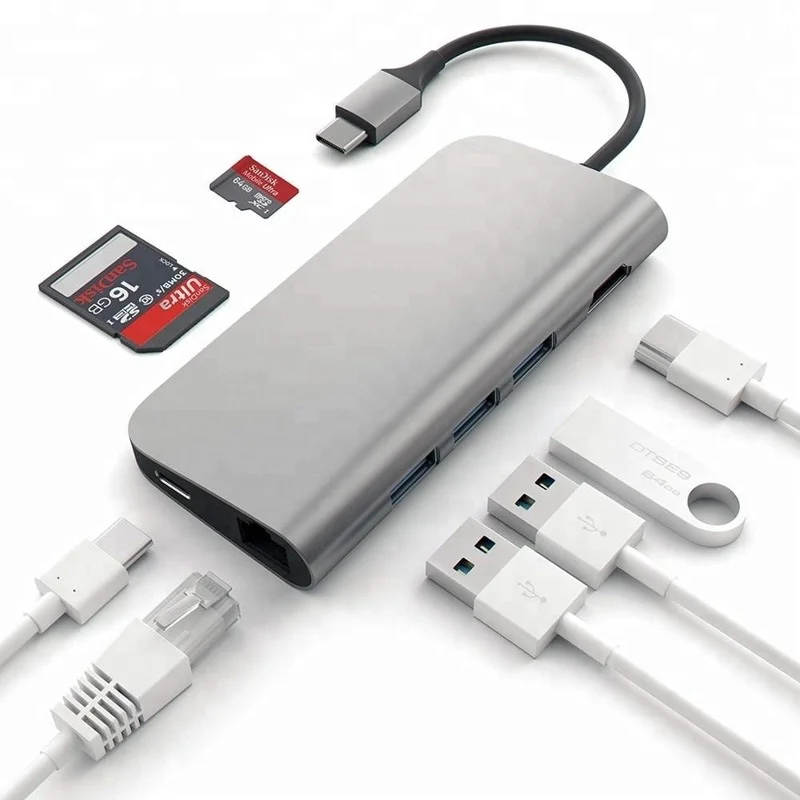 

Док-станция для ноутбука Type-C 8 в 1, многофункциональная док-станция, хаб, сетевая карта 1000 бит/с, конвертер 4K HD, аксессуар для MacBook