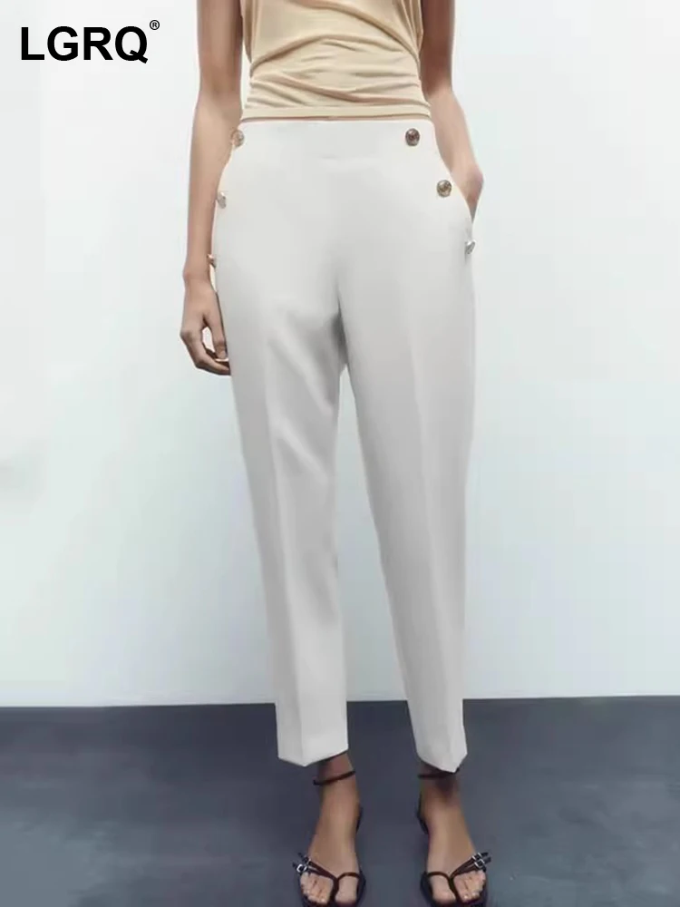

LGRQ 2023 модные однотонные универсальные брюки на пуговицах с украшением, повседневные брюки, женские брюки-карандаш, осенние модные брюки 19F3936